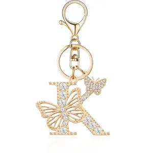 Summer Rhinestone Butterfly Letter Keychain Golden Metal Bag Car Pendant Fashion Accessory