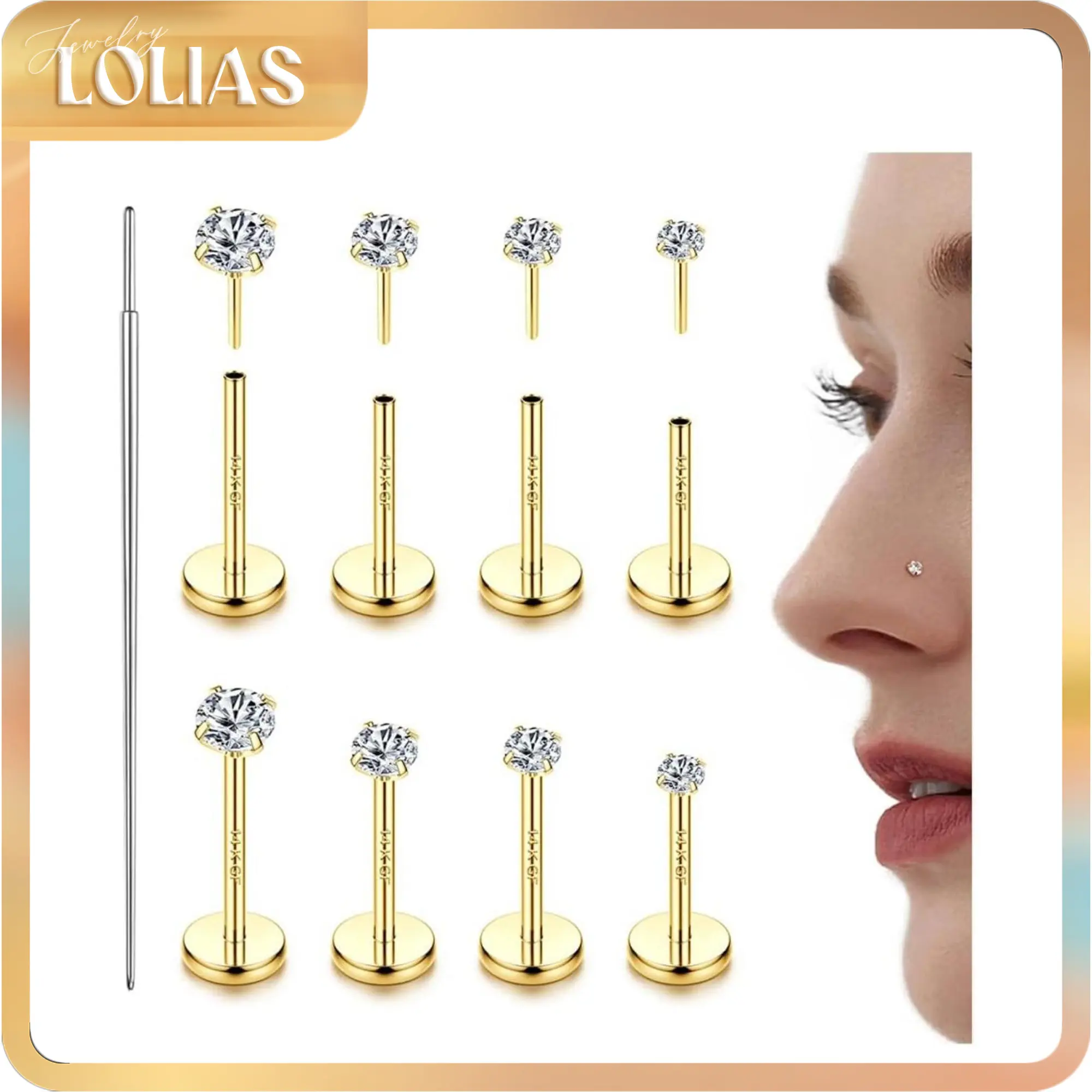 LOLIAS 14K Gold Plated Threadless Nose Studs CZ Nose Rings for Women Men 316L Surgical Steel Labret Studs Lip Rings Push in Flat Back Stud Earrings CZ Nose Nostril Tragus Helix Piercing Jewelry Hypoallergenic 20G 18G 16G