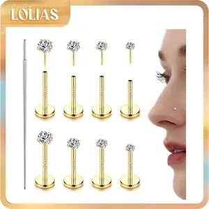 LOLIAS 9Pcs 14K Gold Filled Threadless Nose Studs CZ Nose Rings for Women Men 316L Surgical Steel Labret Studs Lip Rings Push in Flat Back Stud Earrings CZ Nose Nostril Tragus Helix Piercing Jewelry Hypoallergenic 20G 18G 16G