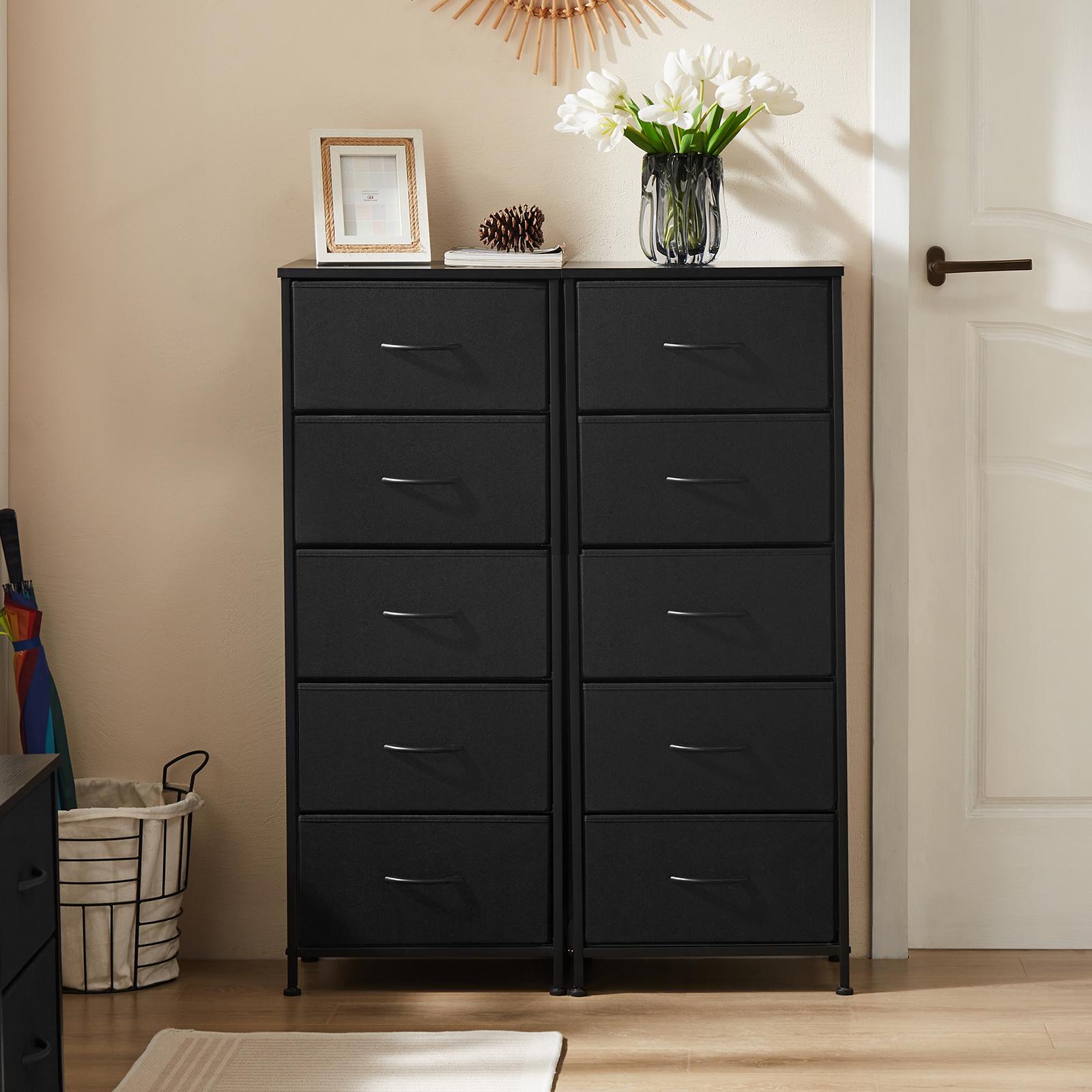 Nightstand with 5 Drawers, Bedside Table with Removable Fabric Bins, Sturdy Steel Frame Wood Top Skinny Dresser   cabinet  for Bedroom Closet Living Room, Black