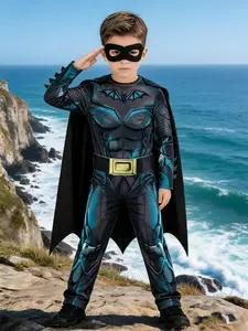 Blue Superhero Costume with Cape and Mask, Muscle Texture Print, Perfect for Halloween, Stage Performances, Boys' Favorite