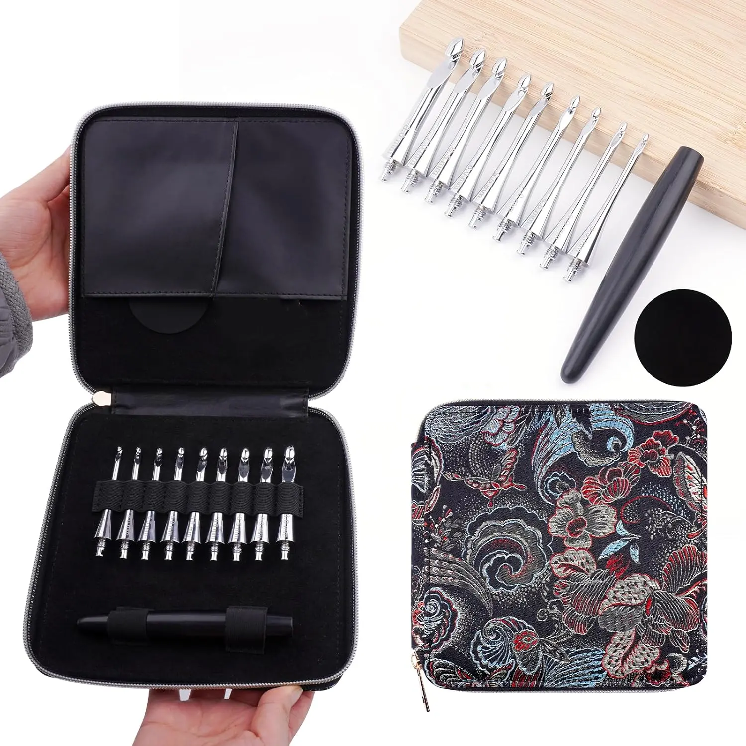 Interchangeable Crochet Hooks Set 9 Sizes 3.5mm-8mm Wooden Handle Aluminum Hooks with Embroidered Storage Bag Inline Crochet Needles for Knitting Crochet and Travel