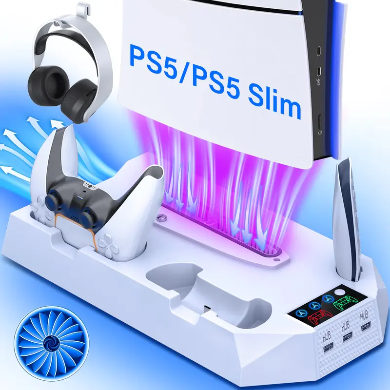 ZRZLMVP White Adjustable 3-Level Cooling Stand with Storage & Dual Controller Charger, Silicone Accessories for PS5/Slim Disc Digital Console