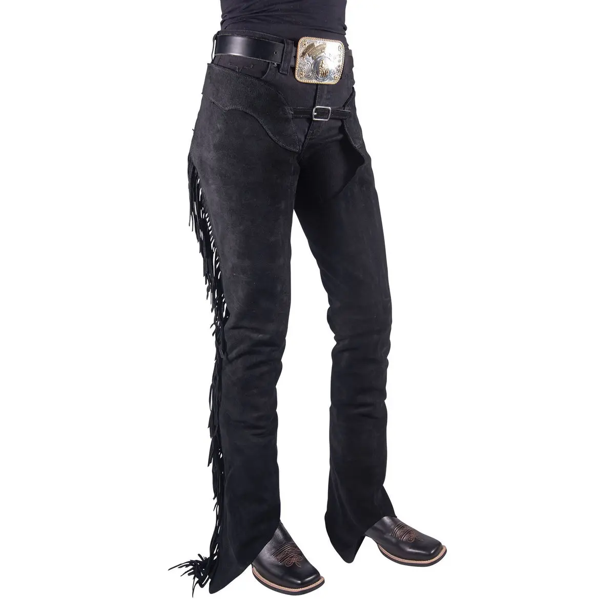 Adult Suede Leather Western Chaps with Fringe, an Adjustable Concho Belt with Buckle, and Heavy-Duty Zipper for Horse Riding, Smooth, Elegant, Soft, Stylish