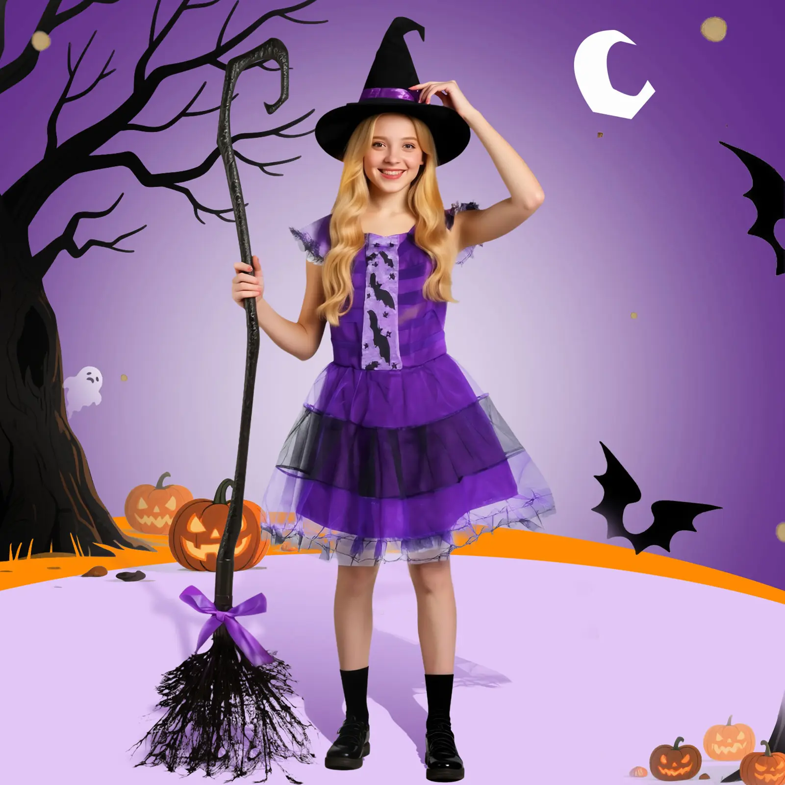Witch costume set: witch dress with witch hat and broom; themed party outfit; top holiday gift choice; Halloween costume apparel; versatile clothing suitable for Halloween celebrations and costume parties; a great gift for children’s holidays and birthday