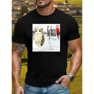 Meowl + SYBAU Men's Funny Cat Meme T-Shirt with SYBAU Logo Design - Meme Tee Graphic, Casual Short Sleeve Round Neck Shirt, Breathable Comfortable Casual Attire for Internet Culture Outfits (Machine Washable)