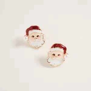 Glitter Christmas Santa Face Pearl Post Earrings