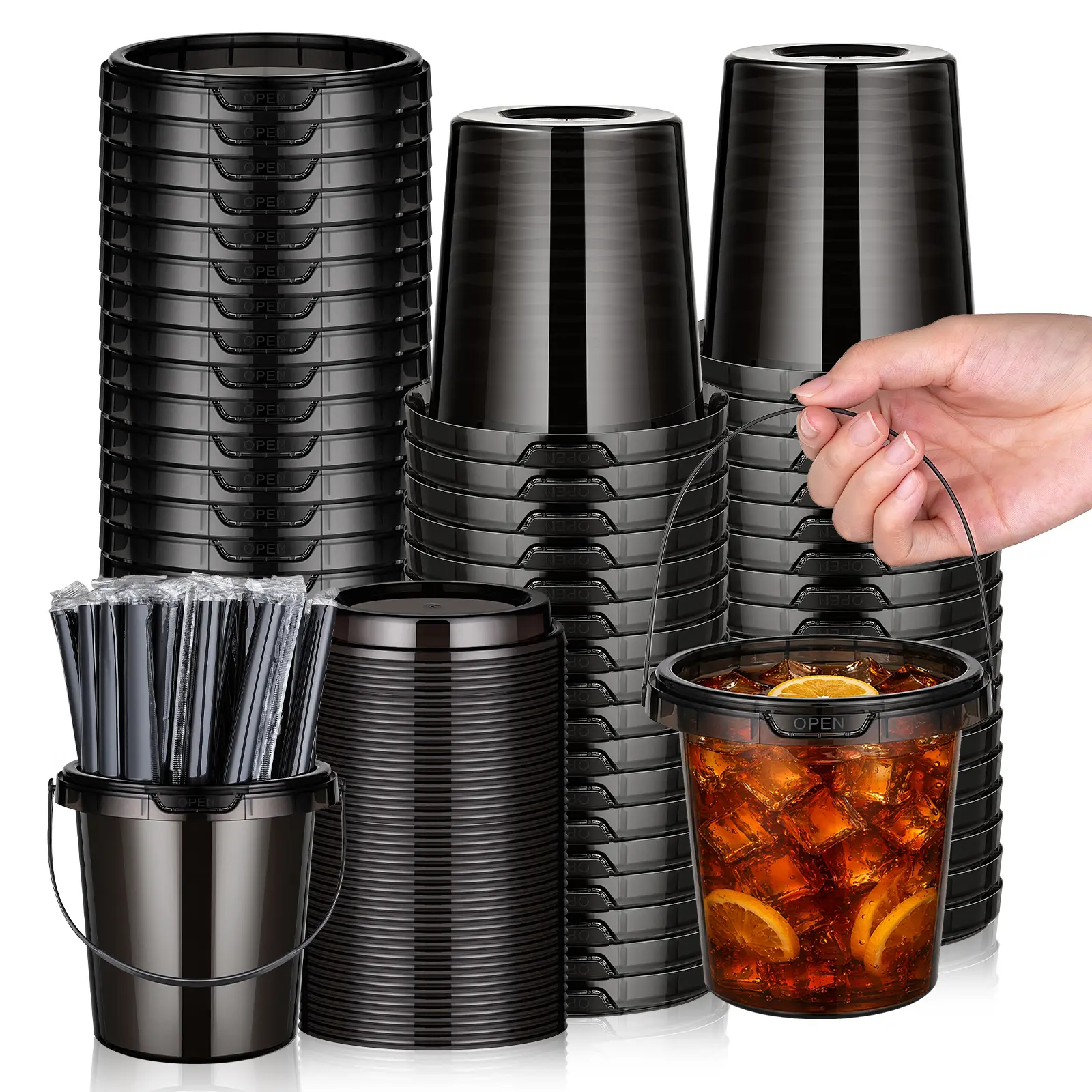 30 Sets 24oz Reusable Black PP Drink Buckets with Lids & Straws&handles, Halloween，iced coffee bucket,Leak-Proof,  Ideal for summerween Parties & Events, Food Truck Supplies,Drinking  Bucket with Handles for Coffee Lemonade Pool Picnic Party Supplies