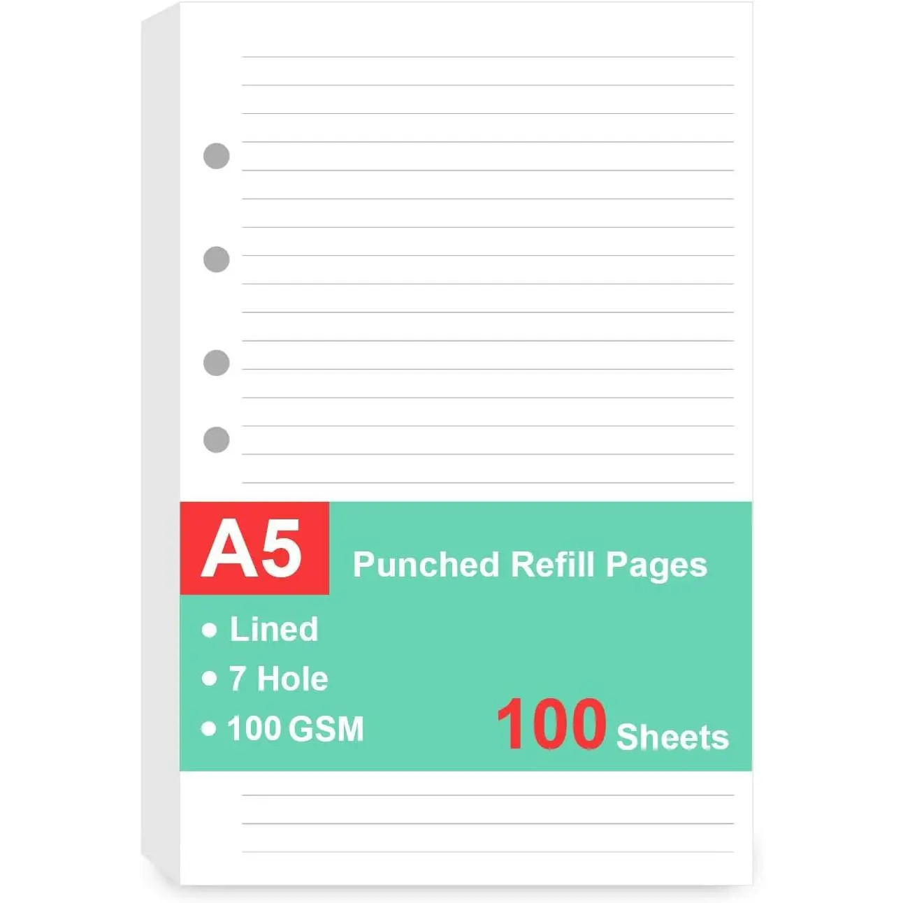 7-Hole Lined Refills Paper, A5 Filler Paper for Planner Inserts, A5 Loose Leaf Paper, 7 Hole Refills, 100 Sheets/200 Pages, College Ruled, 5.5 X 8.5 Inch (White Paper, 100 Sheets)