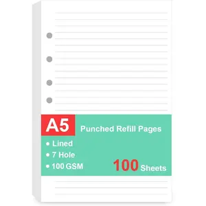 7-Hole Lined Refills Paper, A5 Filler Paper for Planner Inserts, A5 Loose Leaf Paper, 7 Hole Refills, 100 Sheets/200 Pages, College Ruled, 5.5 X 8.5 Inch (White Paper, 100 Sheets)