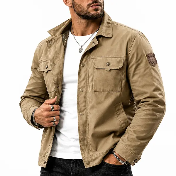 Men’s Breathable Plain Utility Cargo Jacket - Button-Up Workwear Tactical Tops with Pockets, Streetwear Style for Autumn & Winter, Leather Badge, Long Mesh Fabric (No Short Sleeves), Outdoor