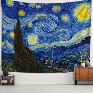 [Van Gogh Tapestry] Vibrant Van Gogh Starry Night Tapestry |       Horizontal Peach Light Beige Fabric Wall Hanging for Bedroom & Living Room Decor, Indoor Artwork
