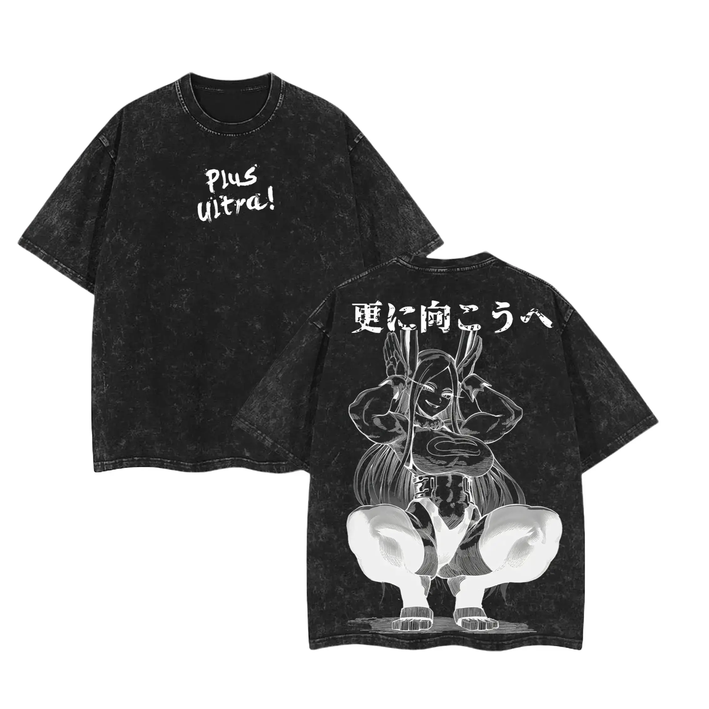 Men's My Hero Academia Mirko Graphic Oversized Round Neck Short-Sleeve T-Shirt - Vintage Washed Heavyweight Cotton, Double Print, Unisex Sizing, Casual Streetwear Top for Anime Enthusiasts, Menswear