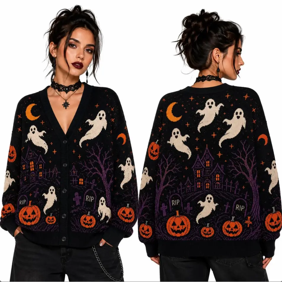 Halloween Ghost Pumpkin Cardigan, Spooky Pumpkin Knit Sweater, Gothic Halloween Cardigan, Fall Witchy Cardigan, Boo Cardigan,Ghost Cardigan