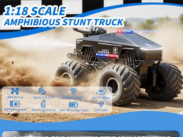 Waterproof Amphibious RC Car: 1:18 Scale 4WD Off-Road Monster Truck with Realistic Smoke, 360° Stunts & 2.4GHz Control. All-Terrain Vehicle, Perfect Gift for Boys Girls Ages 6 7 8-12.