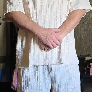 Men’s Streetwear 2-Piece Set – Soft Textured Knit Oversized Tee & Drawstring Shorts, Casual Summer Outfit