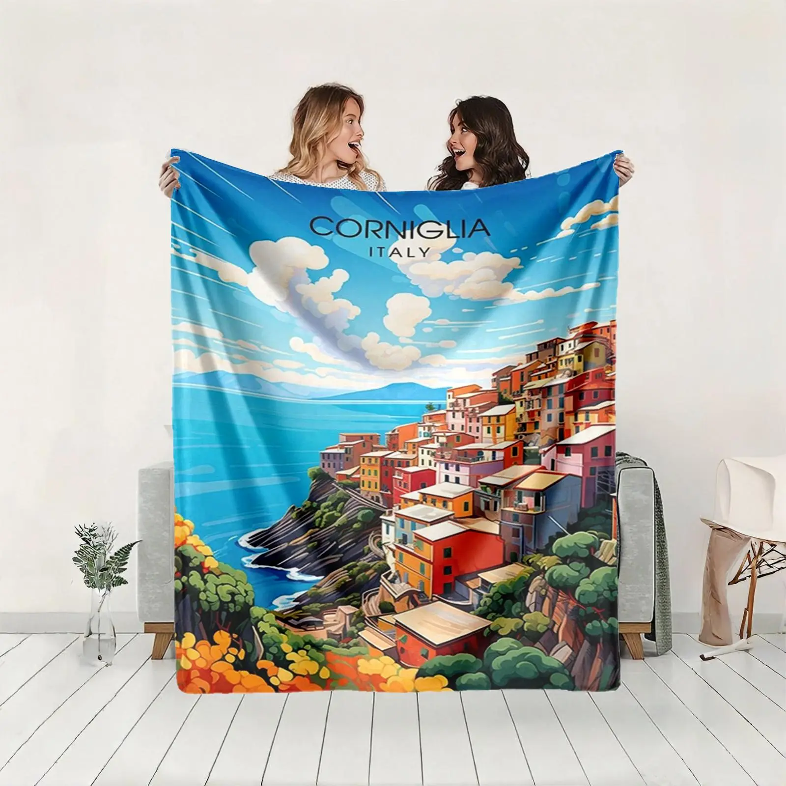1 piece Coastline scenery of Corniglia, Italy themed flannel blanket - Modern design geometric pattern flannel sofa blanket, suitable for beds and sofas, all-season use, super soft and comfortable, digitally printed pattern, 100% polyester