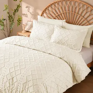 5 count Boho  Duvet Cover Set - Tufted Beige Duvet Cover , Shabby Chic Boho Bedding Set Textured Comforter Covers with Embroidery Pillow Shams