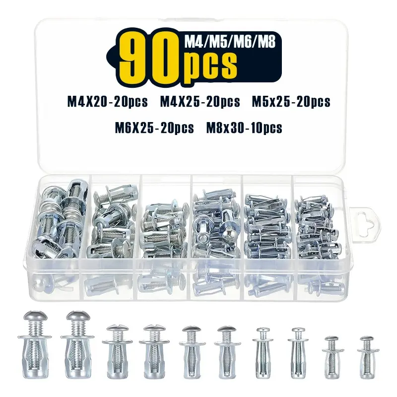90pcs Jack Nuts Petal Nuts,M4,M5,M6,M8 Expansion Screw Petal Nut,Thins Fixings Dowels with Screws for Tin, Billboard, Cardboard