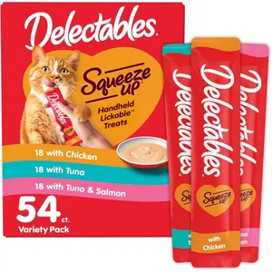 Hartz Delectables Squeeze Up Cat Treats Variety Pack – 54 Tubes 0.5 oz Grain-Free Lickable Creamy Purée