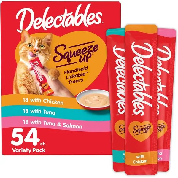 Hartz Delectables Squeeze Up Cat Treats Variety Pack – 54 Tubes 0.5 oz Grain-Free Lickable Creamy Purée
