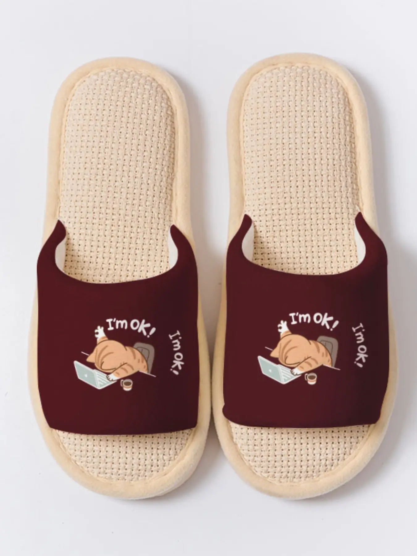 Lazy Sloth Print Humorous 1 Pair Anti-Skid Linen Slides, Cozy Breathable Lightweight All Season House Slippers for Women Men Family Guest Daily Wear
