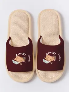 Lazy Sloth Print Humorous 1 Pair Anti-Skid Linen Slides, Cozy Breathable Lightweight All Season House Slippers for Women Men Family Guest Daily Wear