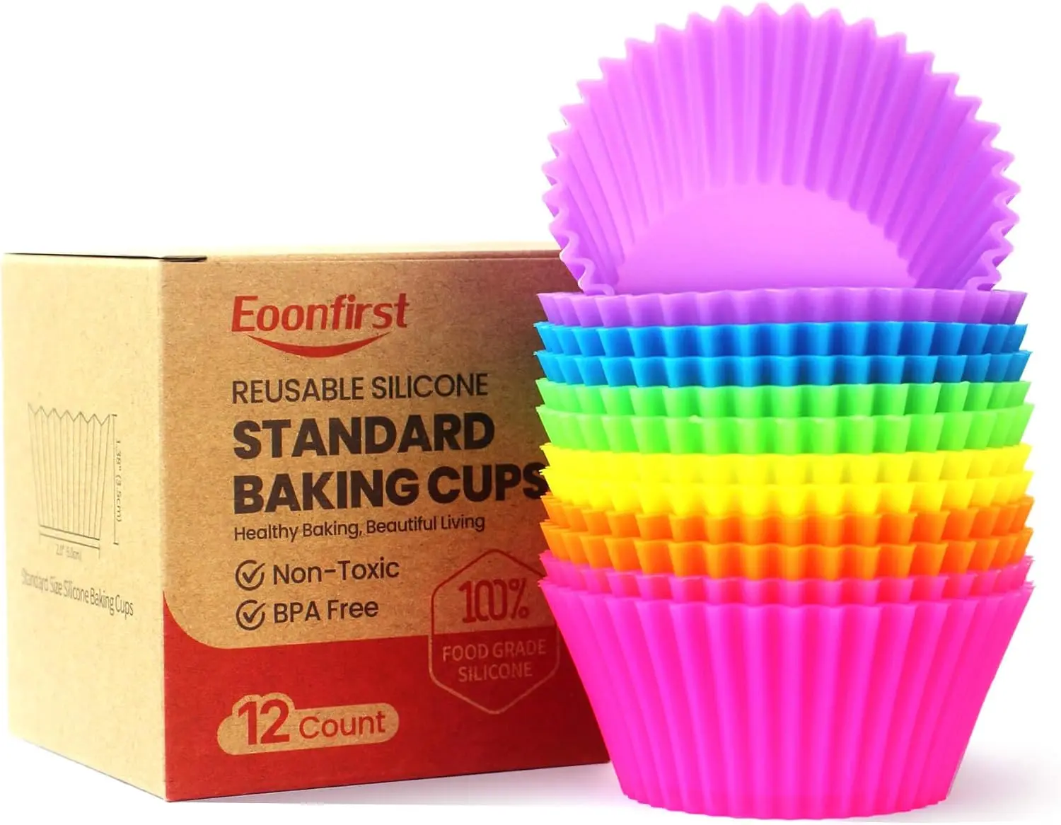 Reusable Non-Stick Silicone Baking Cups, BPA Free, Muffin Liners for Cupcakes, Dishwasher Safe, Microwave and Oven Safe Multicolor (Pack of 12)