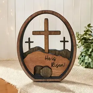 2pcs Empty Tomb Easter Scene and Cross 3D Decoration, Wooden Easter Resurrection Scene, Jesus Tomb Tray, Religious Home Office Tabletop Decor, Ornaments