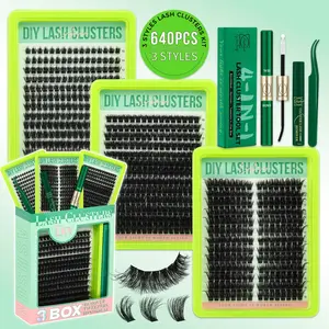 Lashsun 640PCS 3 Styles D Curl Cat/Mega/Volume Lash Clusters Kit, Eyelashes Set, 3 Box Eyelashes, Bond&Seal Remover Tweezers for Beginners, DIY at Home, Soft Comfortable Cluster Eyelashes Easy Apply for Daily Makeup