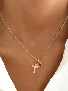 Women's Zirconia Cross Heart Crystal Pendant Necklace, Fashion Gold/silver Color Stainless Steel Chain Jewelry for Women, Trendy Necklace