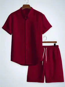 Men's Casual Solid Color Textured Short Sleeve Shirt and Elastic Waist Straight Leg Pants Set, Two-Piece for All Seasons, Menswear