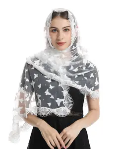 Mantveil Rectangle White Butterfly Lace Wrap Mantilla Chapel Veils for Church Catholic Mass Scarf Head Covering for Women