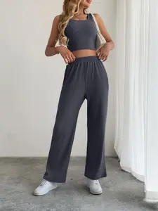 ZAFUL Summer Leisure Sports Set, Women'S Sleeveless Top+Loose Wide Leg Stretch Fashion Pants Set Womenswear Casual Wideleg Trouser Clothes Suits Fitted