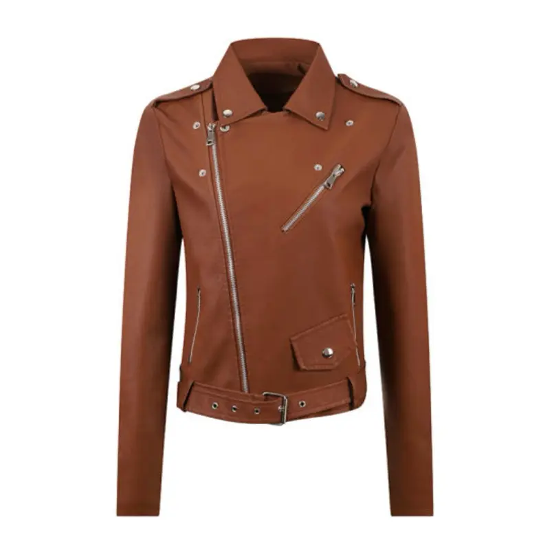 Women's Brown Leather Jacket with Zipper Details and Belted Waist for Stylish Outfits