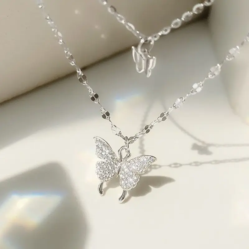 Sparkling Rhinestone Butterfly Necklace for Women, Casual Style Necklaces, Layered Jewelry with Stackable Clavicle Chain, Minimalist Jewelry Gift, Versatile Accessories, Charms Necklace, Dainty Necklaces