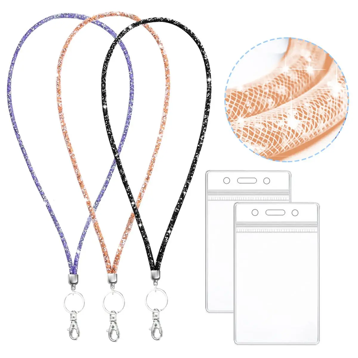 Rhinestone Decor Lanyard with Card Holder, 1 Count Fashionable Lanyard with 2 Counts Card Holder, Identification Badges & Supplies for Women