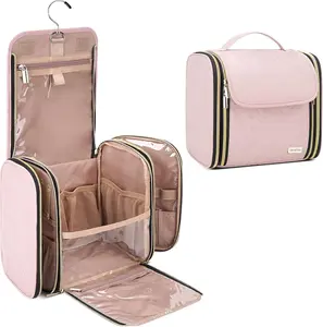 Hanging Toiletry Bag & Makeup Bag for Women with Jewelry Organizer - TSA Approved Large Capacity Travel Cosmetic Organizer, Waterproof Shower Essentials Case with Transparent Pockets, Pink