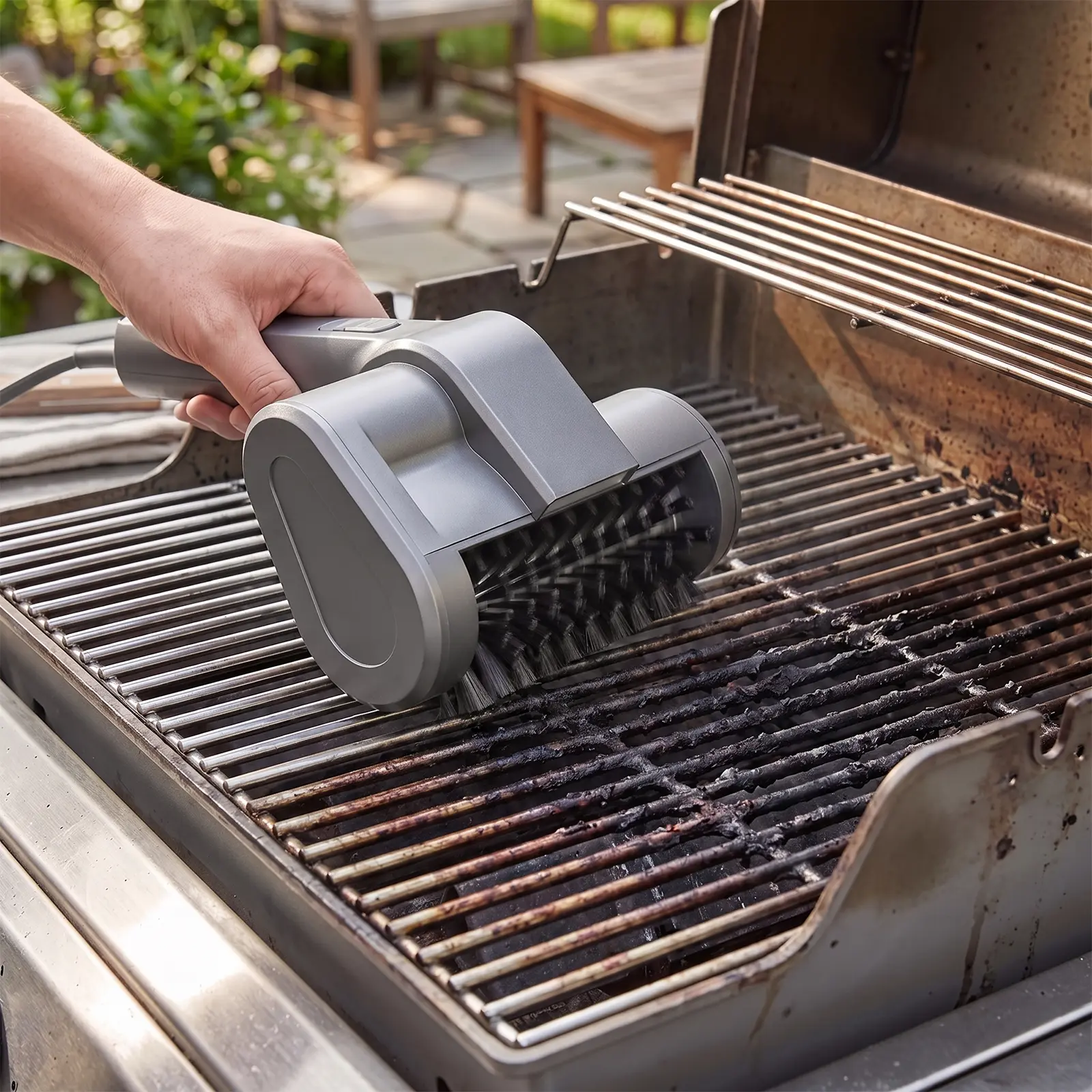 Housmax Electric Grill Brush Cordless — 360° Powered Scrubber with 3 Heads for Every Grate (Stainless Steel / Nylon / Sponge), LED + Type-C, for Gas Charcoal Pellet Grills