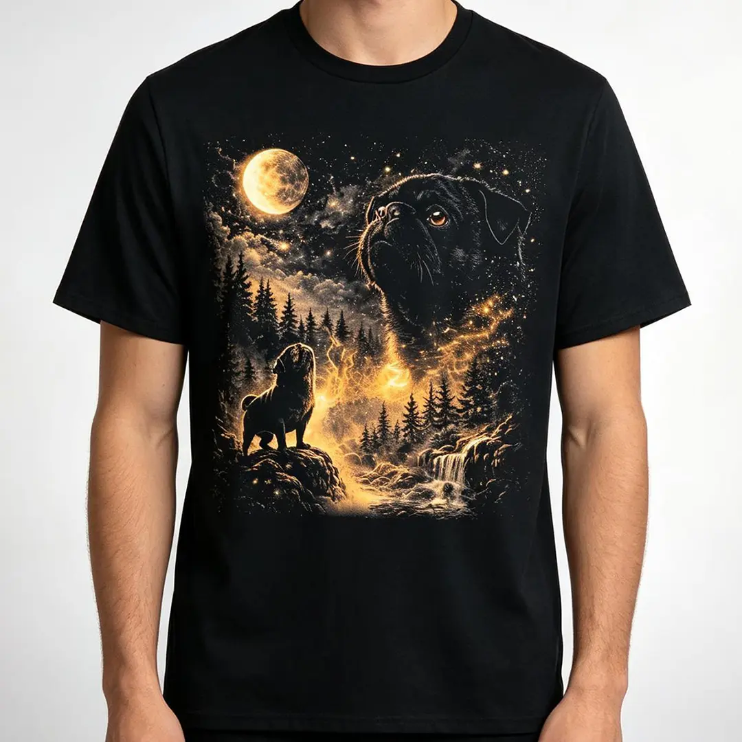 Dog Lover T-Shirt | "Pug Howling At The Moon" Retro Graphic Tee | Cute Animal Shirt for Pet Lovers, Shortsleeve, Casual, Tshirt, Round Neck, Menswear Fashion Stylish