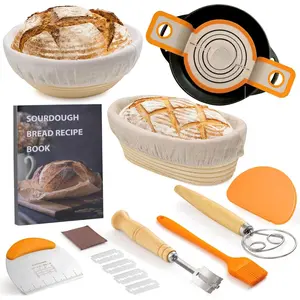 Sourdough Starter Kit Complete Set with 9" Round & 10" Oval Rattan Banneton Baskets Silicone Sling & Bread Lame for Handmade Bread Baking