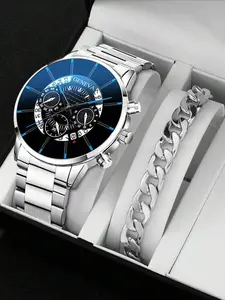 2 pieces/set of silver fashionable men's calendar quartz watches + 1 men's business stainless steel bracelet watch Modern Fashionable Wristwatch