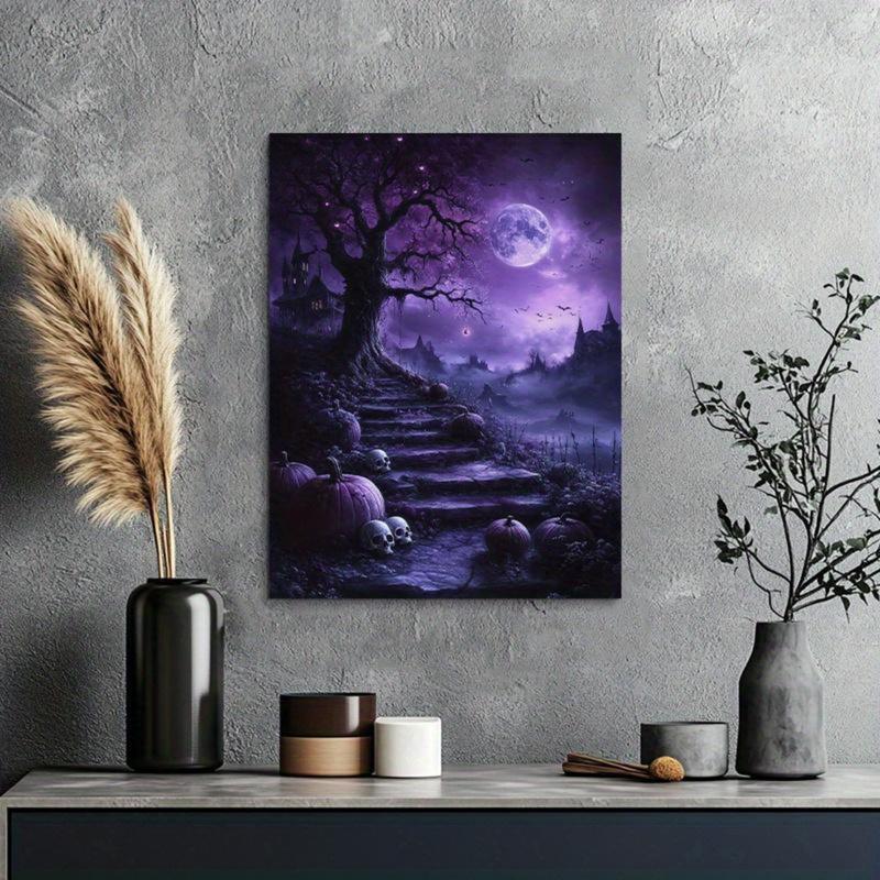 Frameless Gothic Tree and Moon Halloween Canvas Art Poster, Black Purple Sky , Exquisite Decorative Mural for Living Room, Bedroom, Corridor, Office - Ideal Gift for Friends Ornaments Decoration Wall Artistic