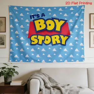 -   - High Definition Digital Print Tapestry+ Blue Sky With White Puffy Clouds Wallpaper, And Its A Boy Story Text.+Holiday Gift, Home Decor, Party Backdrop, Landscape Wall Art, Nature-Inspired Design