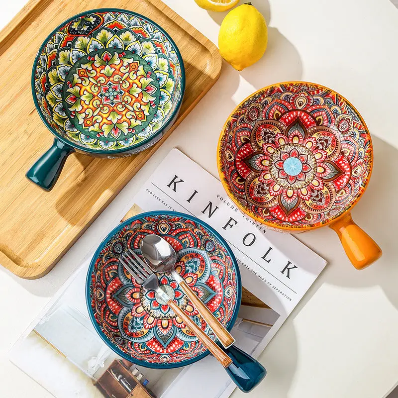 Sacred Mandala Ceramic Containers - Decorative Glazed Bowls for Office, Meditation Room, Spices, Herbs, Coins Tableware Serving