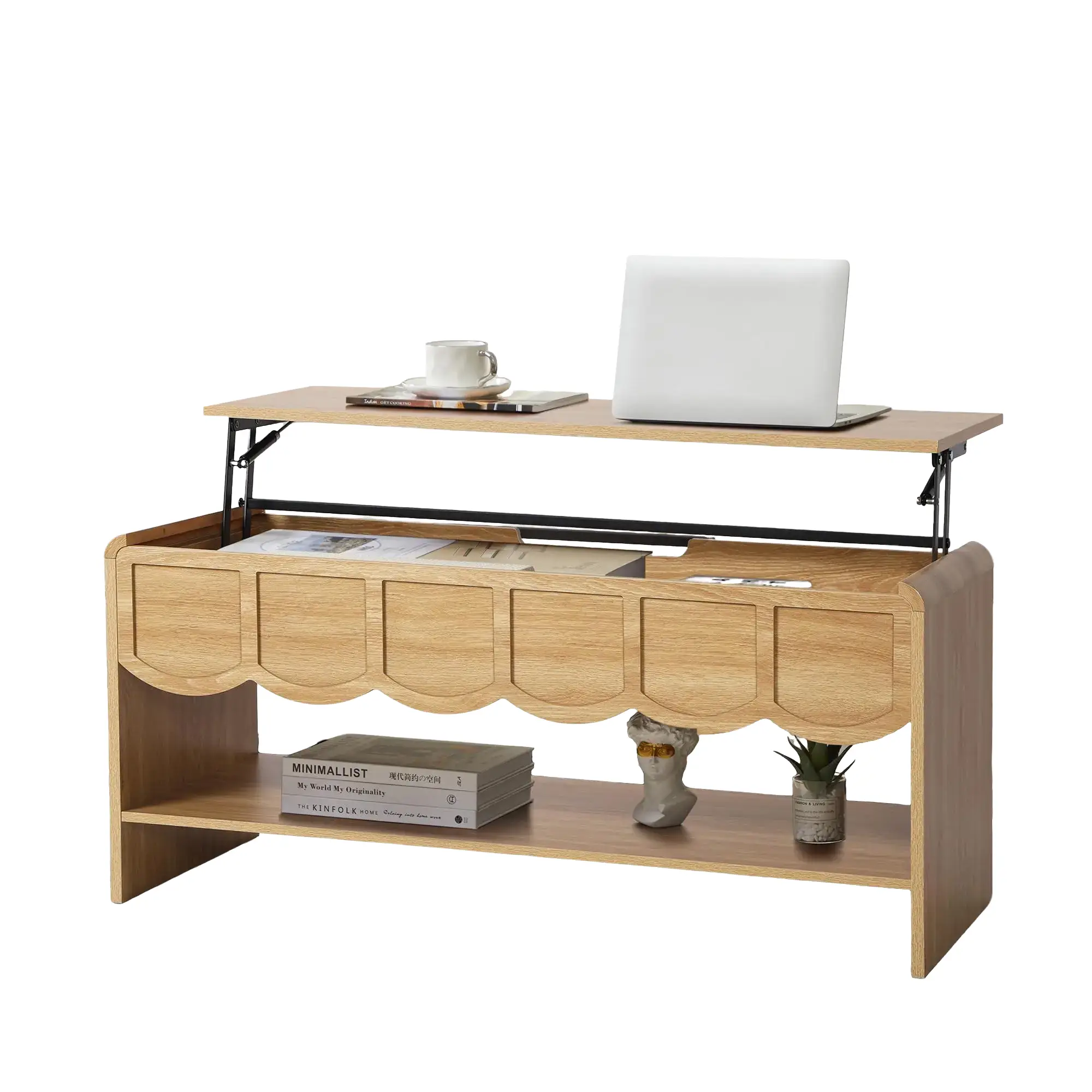 Giratree 39.37" Lift Top Coffee Table with Hidden Compartment, 2 Tier Wooden Center Table with Wave Panel, Modern Lift Tabletop for Home Living Room O