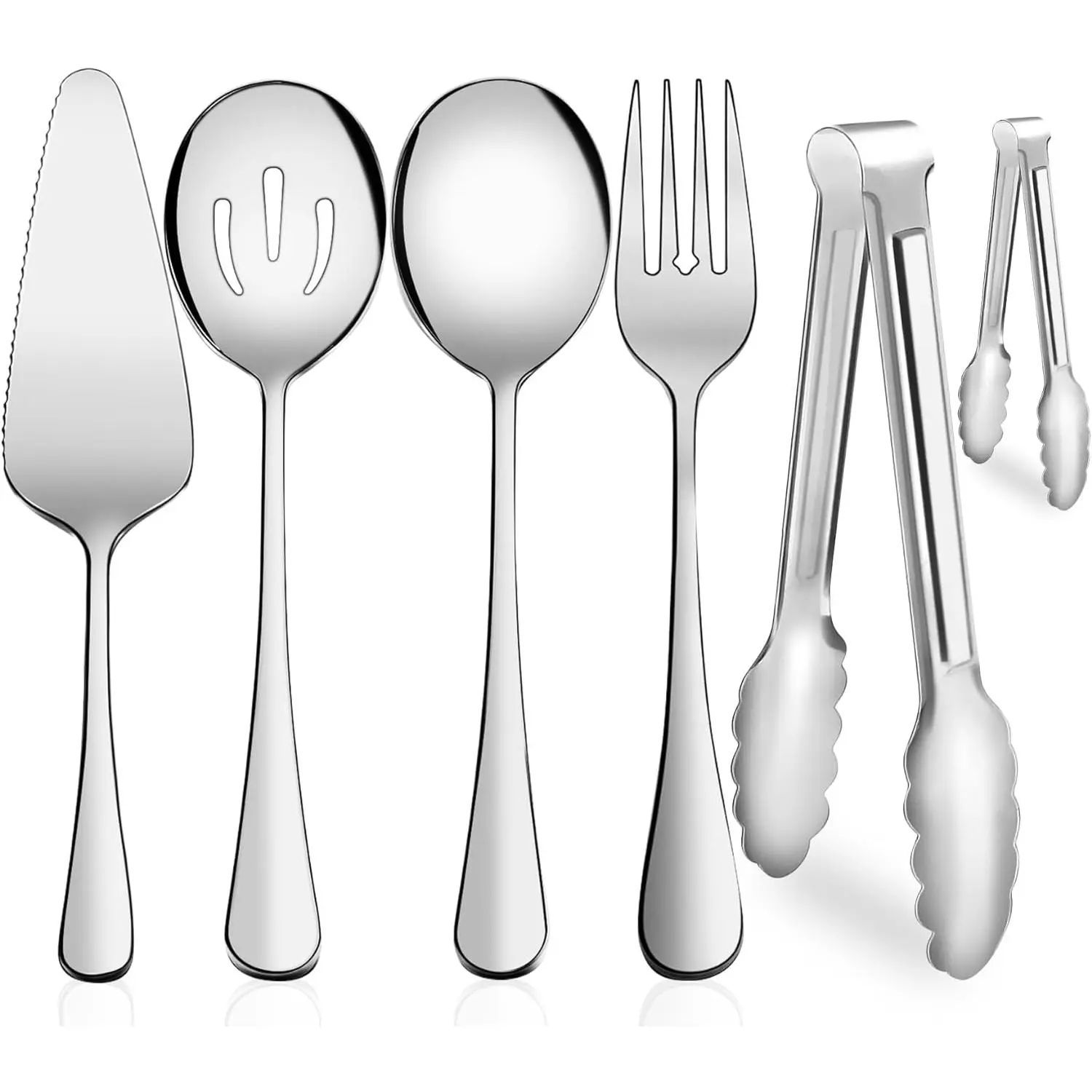 Serving Utensils,  6- Stainless Steel Serving Utensil Set Include Serving Spoon, Slotted Serving Spoon, Serving Fork,Serving Tong, Appetizers Tong,Pie Server (), Regular