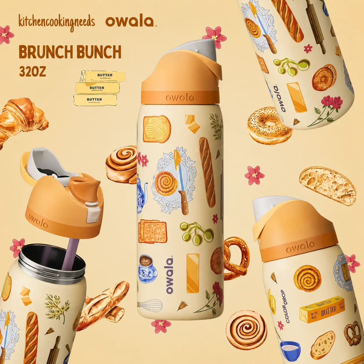 Owala Brunch Bunch 32 oz FreeSip Water Bottle with Straw Lid, Bakery Food Print Insulated Stainless Steel Travel Bottle