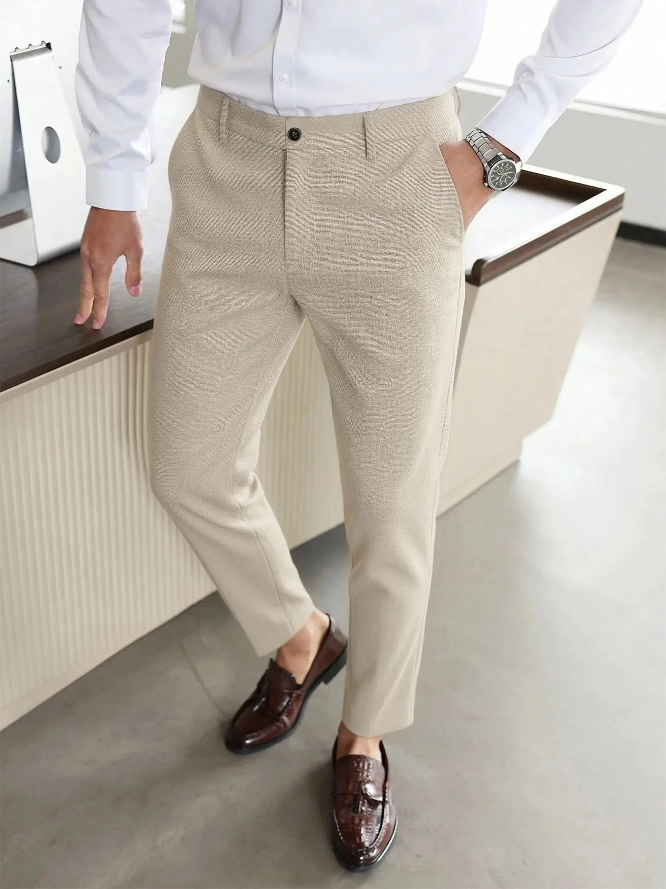 Men's Business Casual Pants, Trouser, Classy Casual Trousers, Casual Button Trousers, Straight Leg Conical Tapered Pants, Wrinkle-Resistant, Breathable, Suitable for Office/dating/ Daily Wear