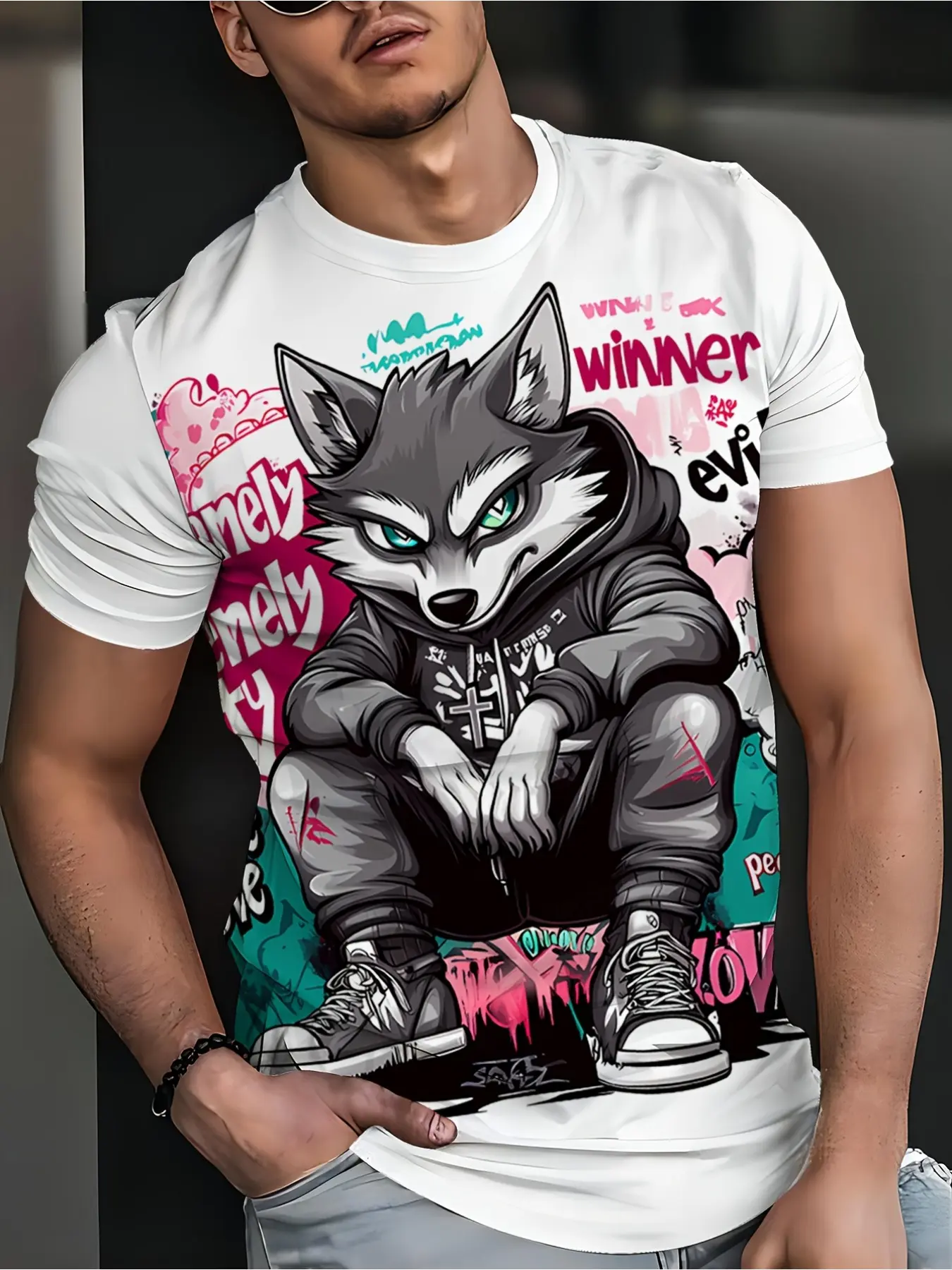 Men's "Love and Peace, City of Victory" pattern T-shirt - casual short-sleeved Round Neck T-shirt, cartoon dog, rabbit and wolf pattern, stretch fabric, machine washable, design sense, Streetwear, letter printing, micro-elastic fabric, Casual Tee Tops